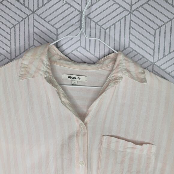 Madewell XS Pink White Striped Tie Front Button Down Short Sleeve Shirt - Picture 8 of 11